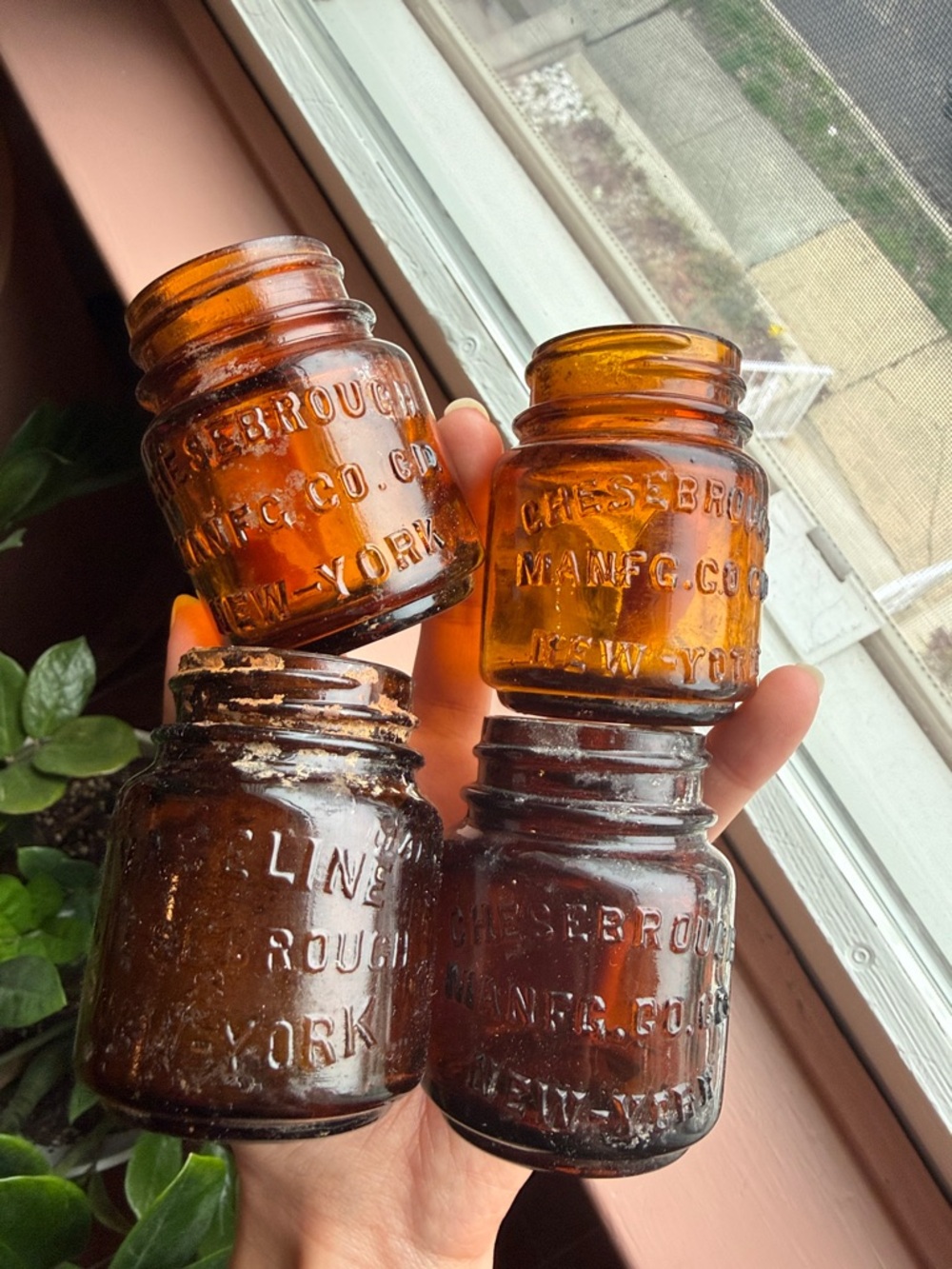 Vintage Amber Embossed Glass Jars - Chesebrough New York Vaseline